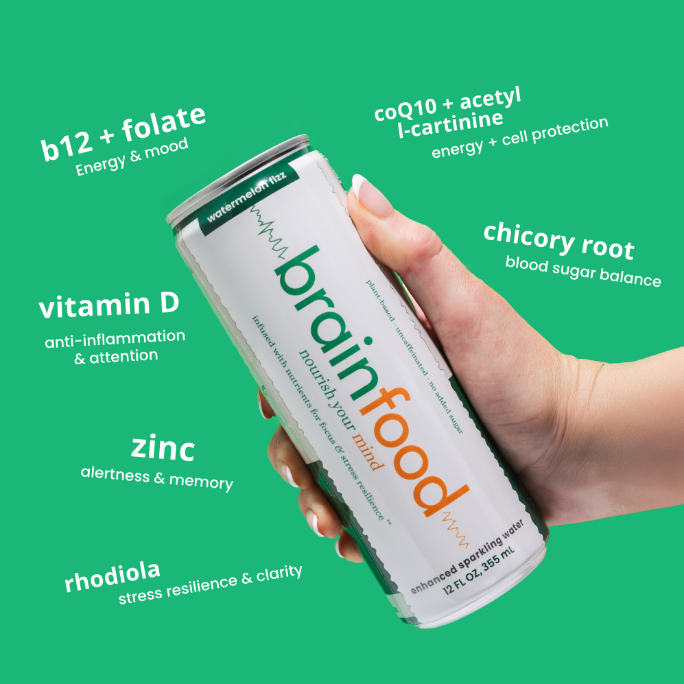 BrainFood Sparkling Water for Brain Health - Nootropic with Nutrients Antioxidants for Focus Stress Support - Natural Brain Booster