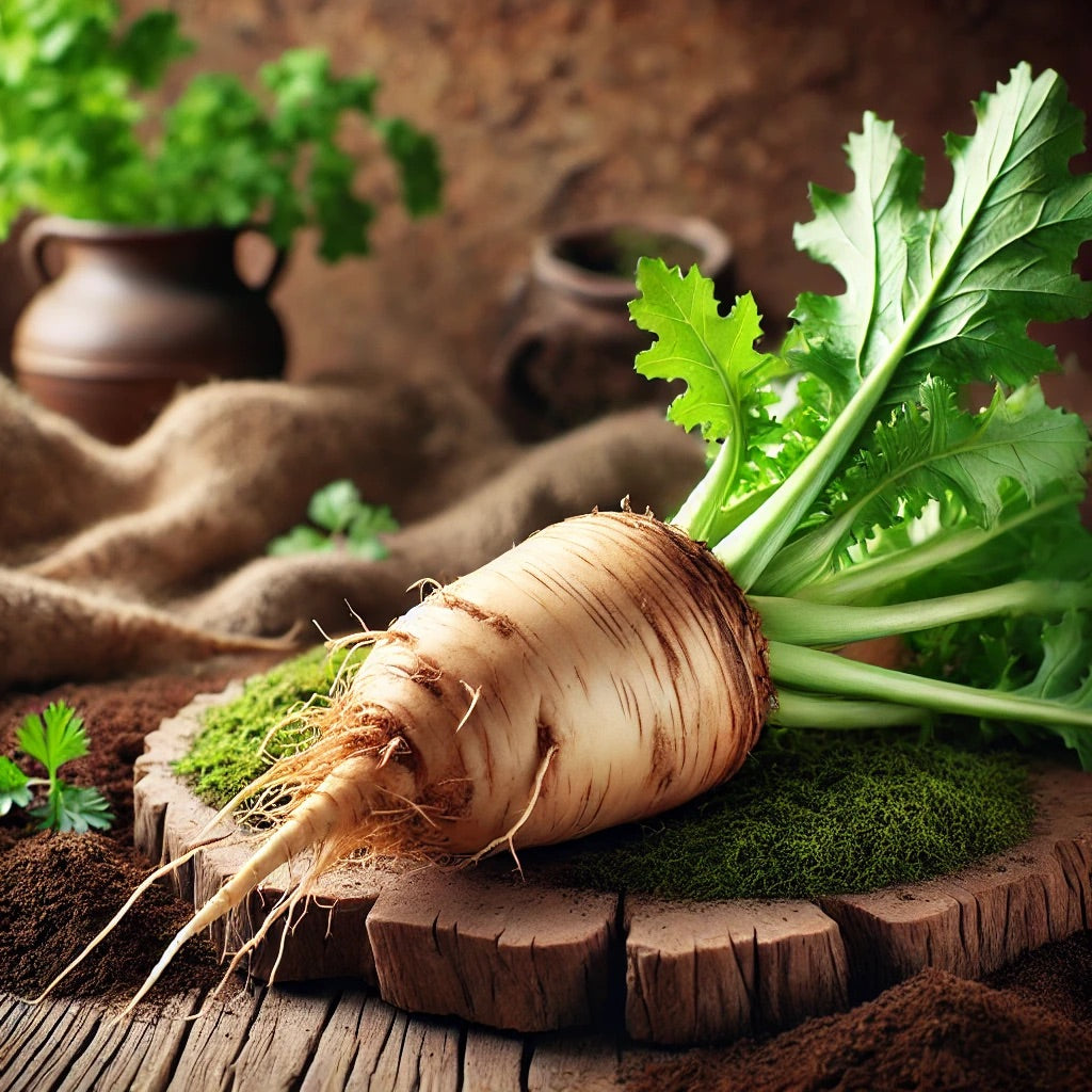 A natural setting image of a chicory root with its green leaves attached lying on a wooden surface or soil