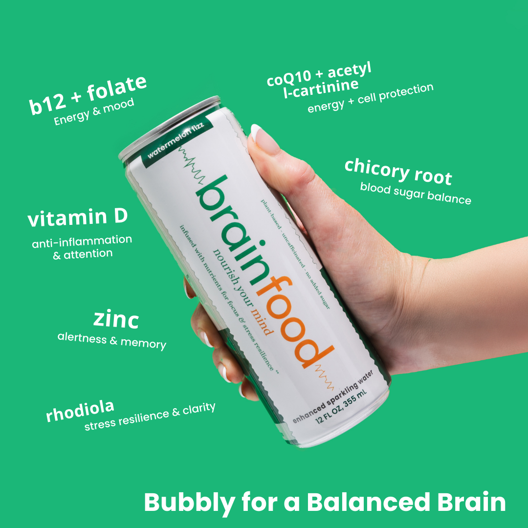 BrainFood Ingredients Function with bubbly for a balanced brain text