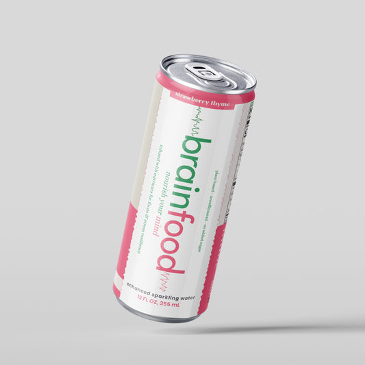 Can of 'brainfood' sparkling water with strawberry rhyme flavor float view