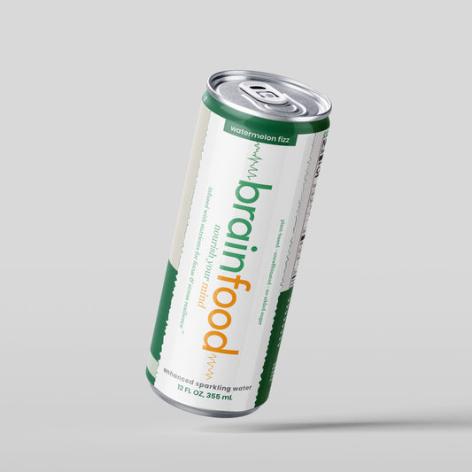 A can of BrainFood Sparkling Drink with the Watermelon Fizz in tilt view