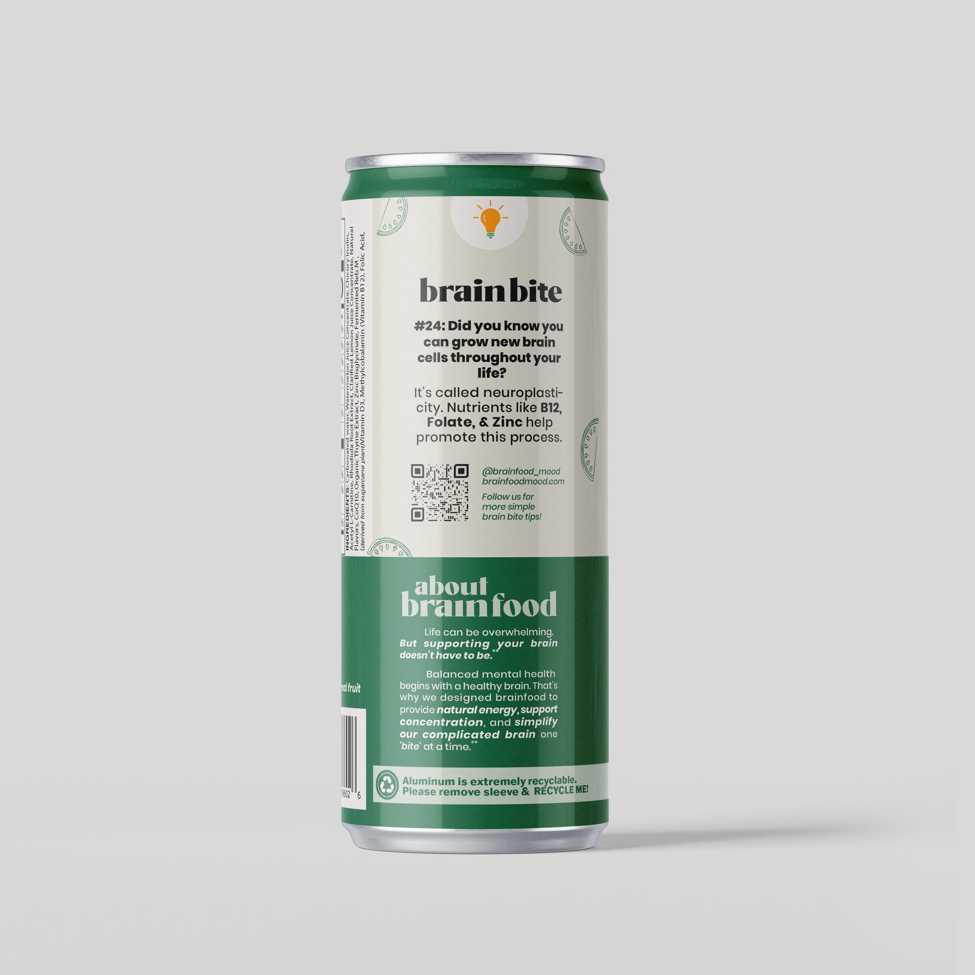 Brain bite label on back side of watermelon BrainFood - Sparkling Water