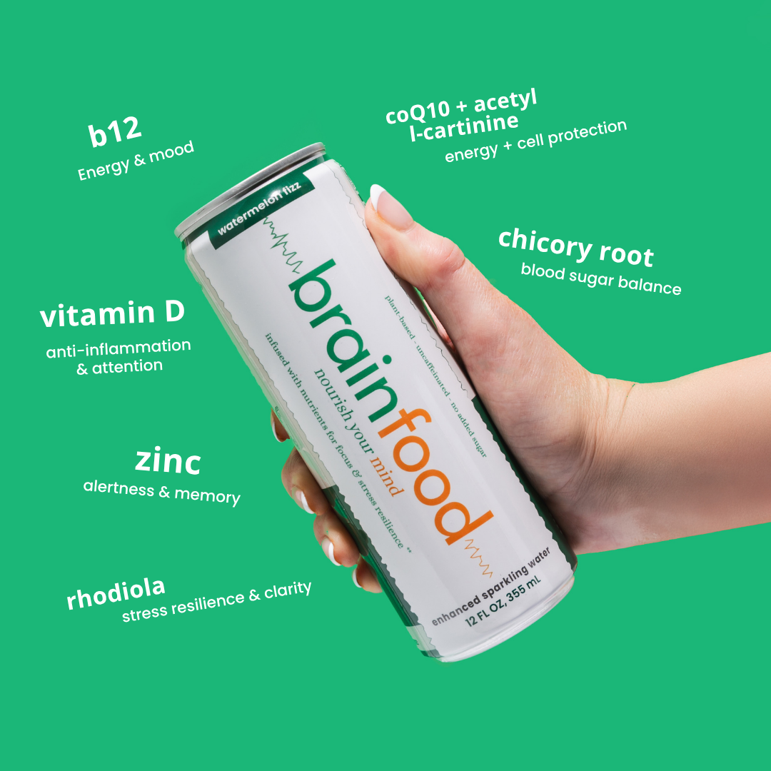 Hand holding a can of brain food supplement with green background and text highlighting ingredients