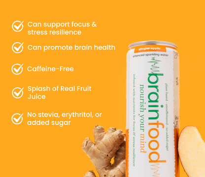 BrainFood Sparkling Water for Brain Health - Nootropic with Nutrients Antioxidants for Focus Stress 
