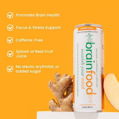 Brainfood drink container with ginger root on an orange background
