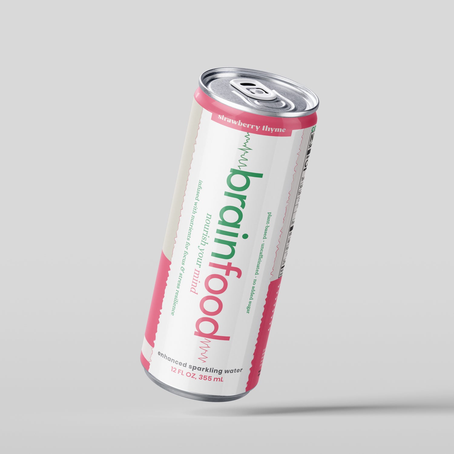Can of 'brainfood' sparkling water with strawberry rhyme flavor float view